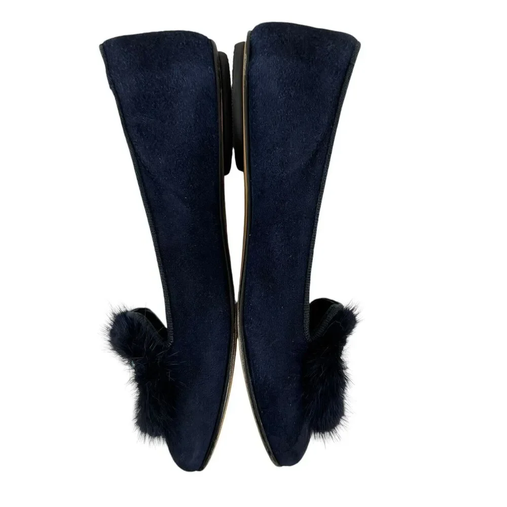 Missouri Italian Shoes Suede Leather Flats Fur Heart Embellished Navy EU34 US3.5